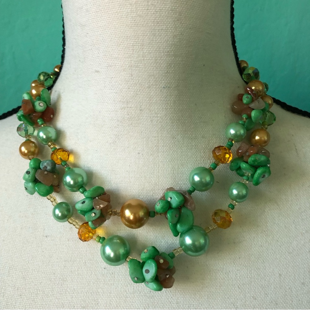 Green Gold Beaded Double Strand Necklace Stone Chip AB Beads Glass Pearl Unique